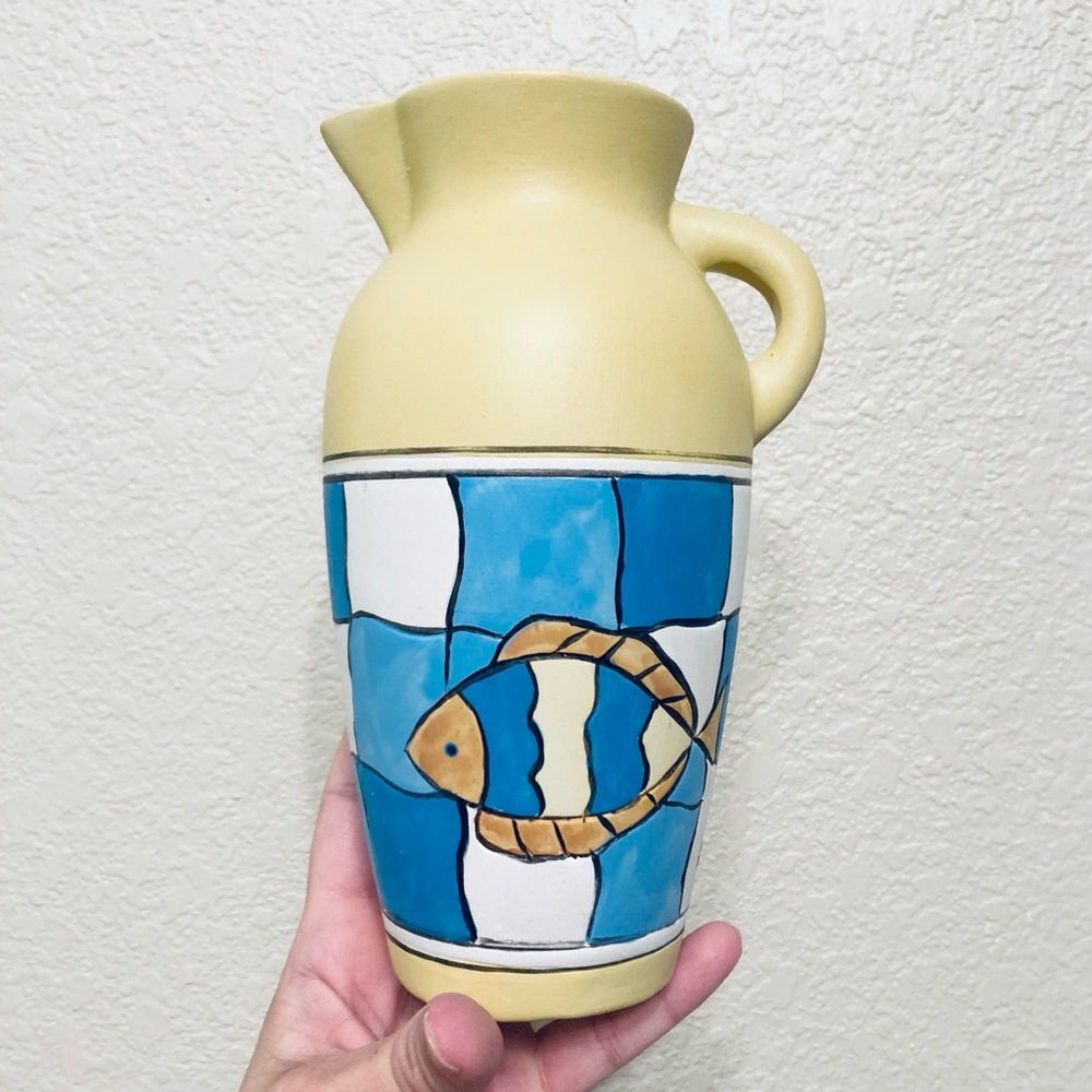 Ceramic hand painted Vase Pitcher yellow blue fish water nautical art deco